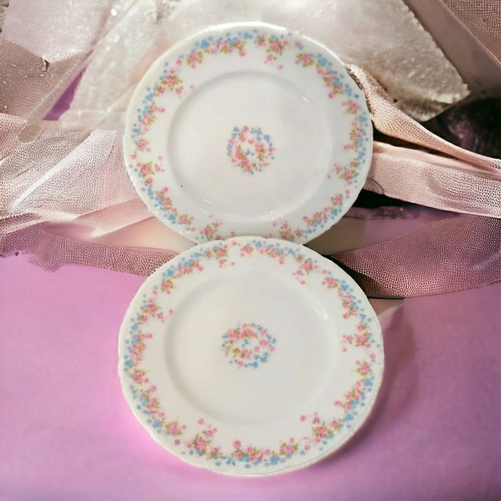 Bassett Limoges Austria Side‎ Plates Pair Rose Garland Bread Salad Dessert Pink.